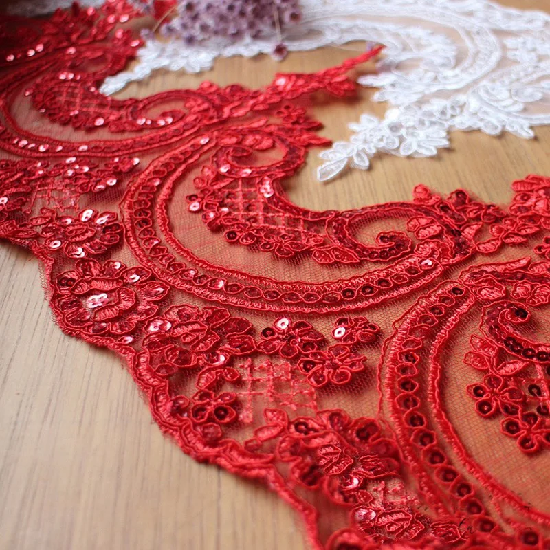 3Y/6Y 24cm Width Off White Red Sequin Black Beautiful Embroidery Wedding Lace Applique Trim Lace Fabric DIY Craft Wholesale