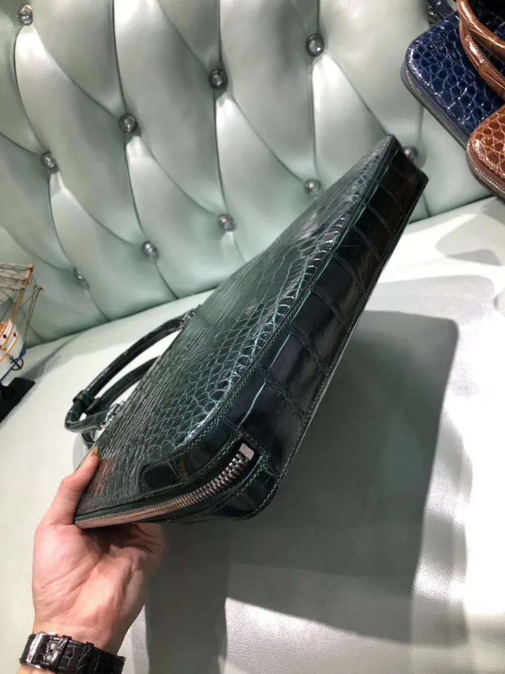 High glossy shinny Luxury quality genuine real crocodile skin belly leather men business briefcase bag laptop with code locker