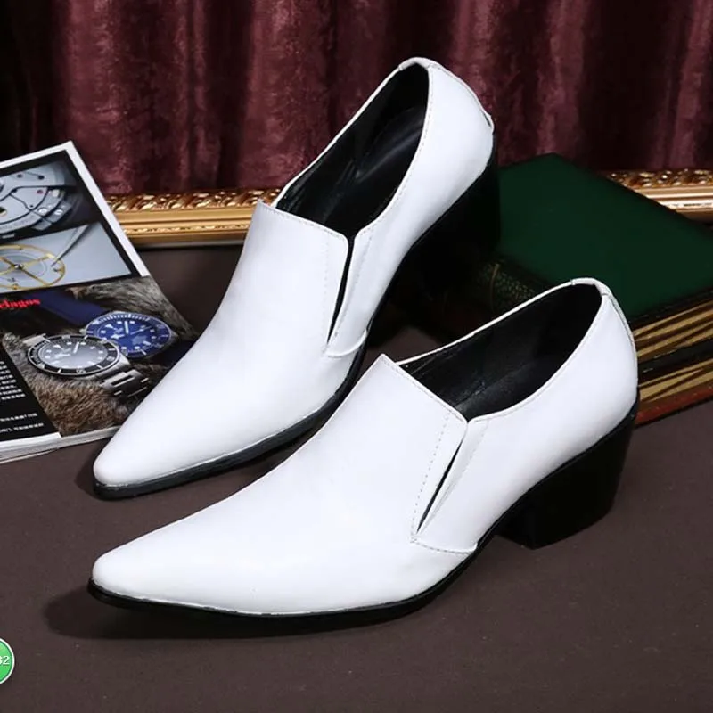 

White Men Genuine Leather Oxfords Slip On Mens Wedding Dress Shoes Pointed Toe Business Leather Shoe High Heels Loafers