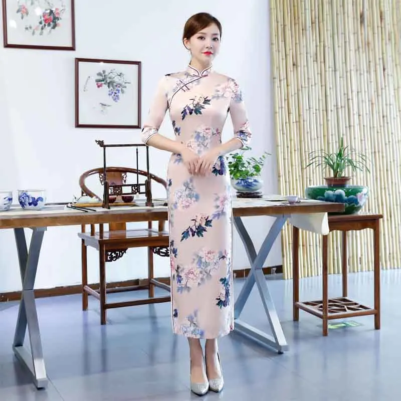 

Autumn Sexy Long Qipao Dress Women Traditional Chinese Clothing Vintage Fashion Sweet Girl Forking Cheongsams Dress