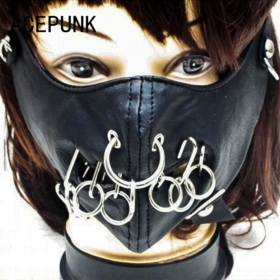 Thời Trang Punk Hông Hợp Khẩu Trang Lớn Vòng Đinh Tán Đen Bằng Da PU Thanh Diễn Sân Khấu Mặt Nạ Đá Nam Nữ unisex Khẩu Trang