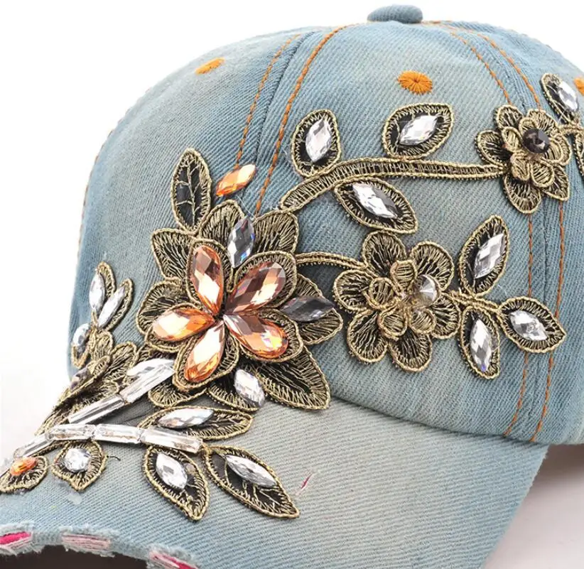 Women\'s Baseball Cap Diamond Painting Embroidery Flower Denim Snapback Hats Jeans Woman Female Cap Cowboy Summer Sun Hat