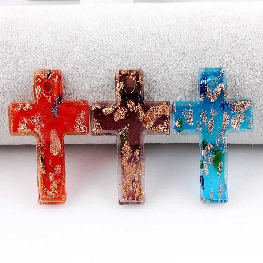 QianBei Wholesale 6pcs Handmade Murano Lampwork Glass Cross Pendant For Necklace P0067