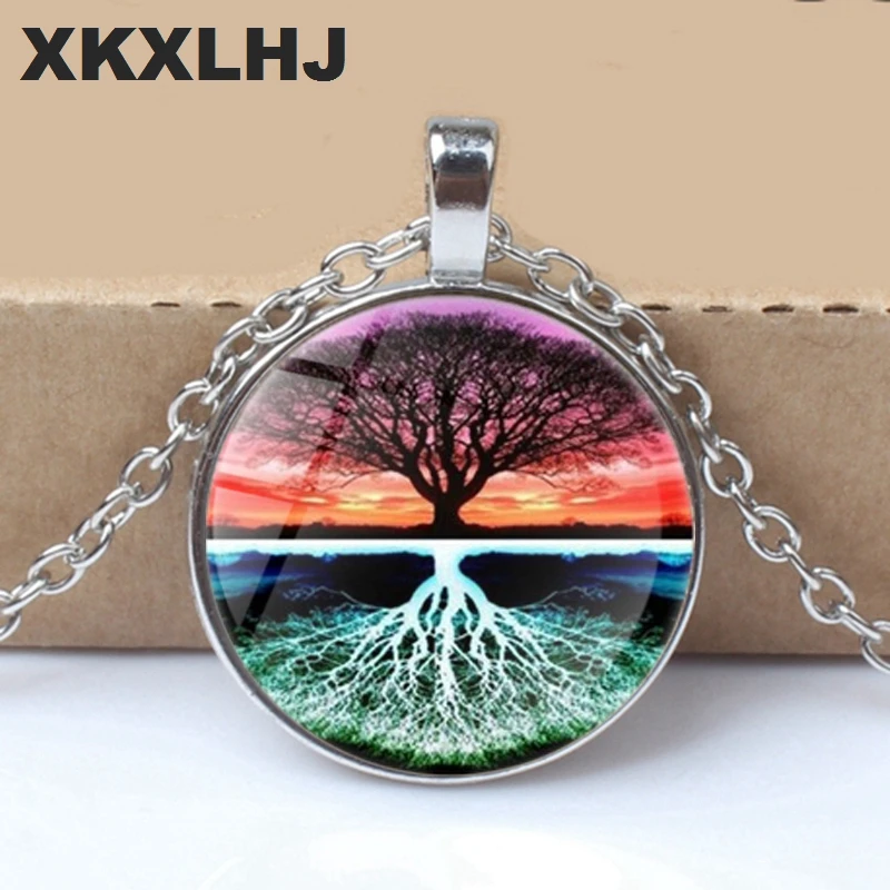 XKXLHJ 2018 New Life Tree Art Photo Tibet Bullion Glass Pendant Chain Necklace Jewelry