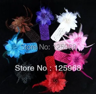 Free Shipping!2016 New 18pcs/lot rose flower with feather and Crochet headband,Girls Feather Headband Knitting Hair Weave