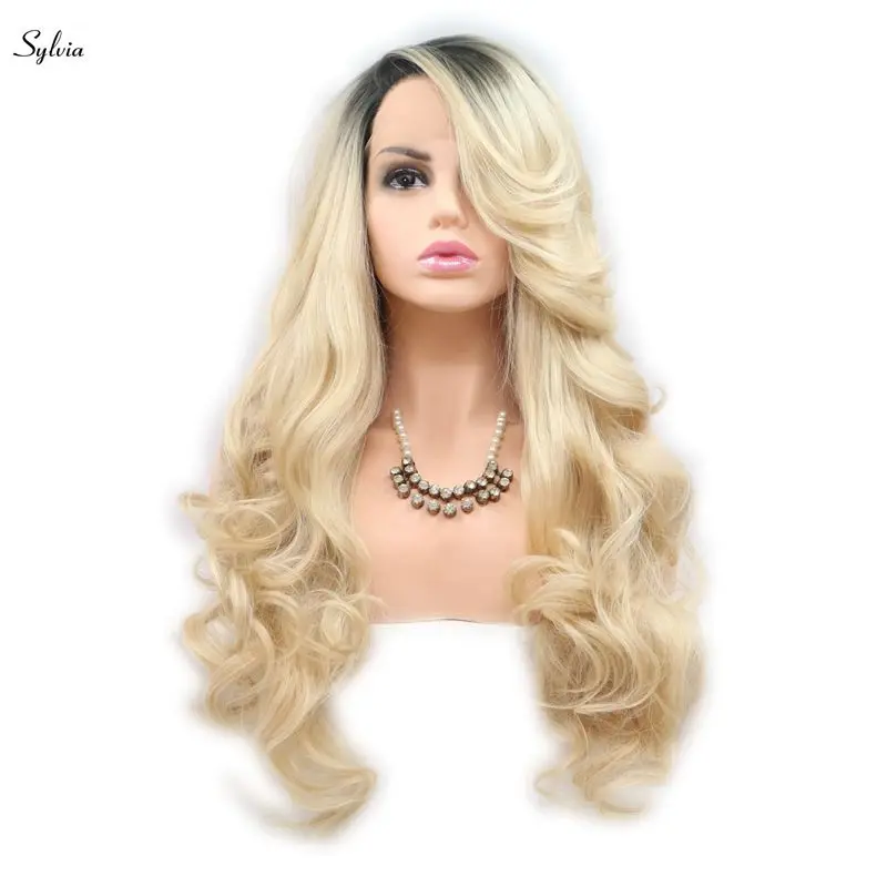 

Sylvia Blonde Synthetic Lace Front Wigs Ombre Long Body Wave With Dark Roots Heat Resistant Fiber Hair Wig For Women Side Part