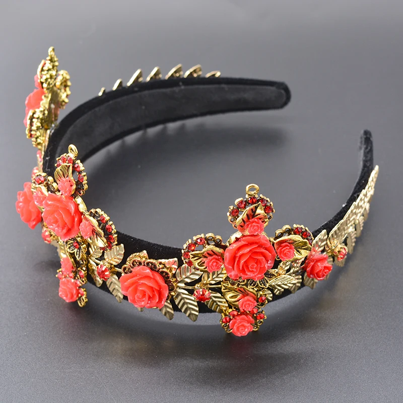 Bride Tiaras Baroque Cross Crown Red Rhinestone Bead Hair Bands Crystal Velvet Wide Headband for Women Party Wedding Hair Jewel