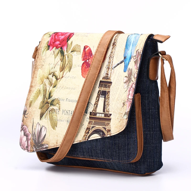 Annmouler Vintage Shoulder Bag Women\'s Fashion Demin Crossbody Bag Eiffel Tower Print Messenger Purse for LadyCasual Tote Bags