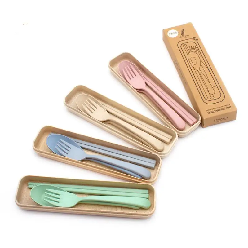 Fashion home wheat straw gift cutlery set children's portable spoon fork chopsticks three-piece gift LX7356