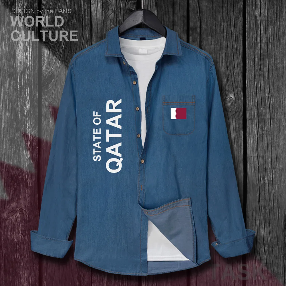 State of Qatar Qatari Dawlat QA Men Fashion Clothes Autumn Cotton Flags Turn-down Collar Jeans Shirt Long Sleeve Cowboy Coat New