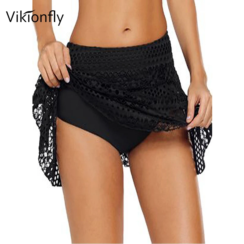 Vikionfly Lace Up Beach Dress Bikini Bottom Surfing Shorts With Skirt Women\'s Swimming Trunks Crochet High Waist Swimwear Pants