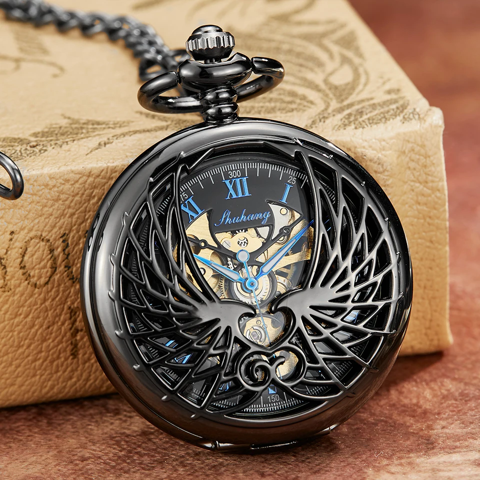 Luxus goldene Liebe Flügel mechanische Taschenuhr Anhänger Kette einzigartige hohle Design Skelett Doppelseite Handwind mechanische Uhr