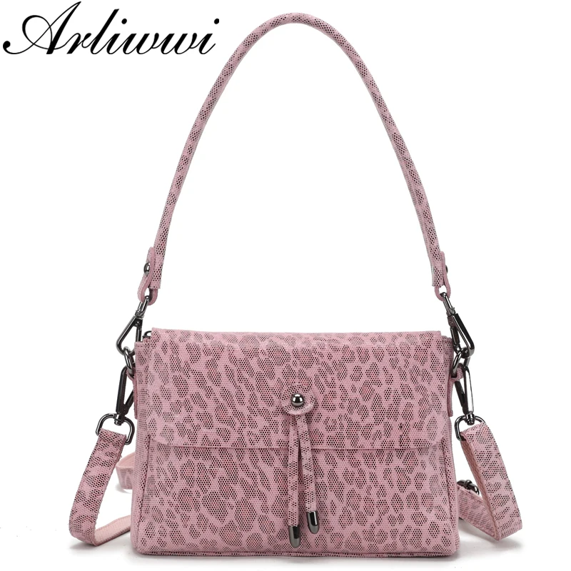 Arliwwi Brand Female Genuine Leather Shoulder Bag New Leopard Design Embossed Flap Small Messenger Handbags For Ladies