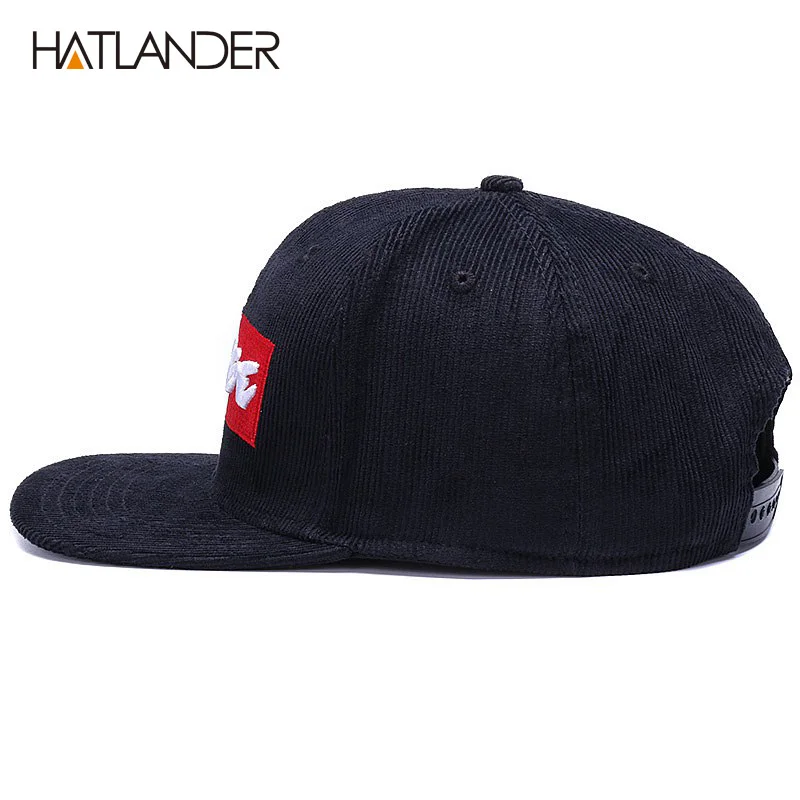 Hatlander-メンズコーデュロイベースボールキャップ,ブラック,オリジナル,刺繍文字付きスナップバック,スポーツ,ヒップホップ,フラットバイザー