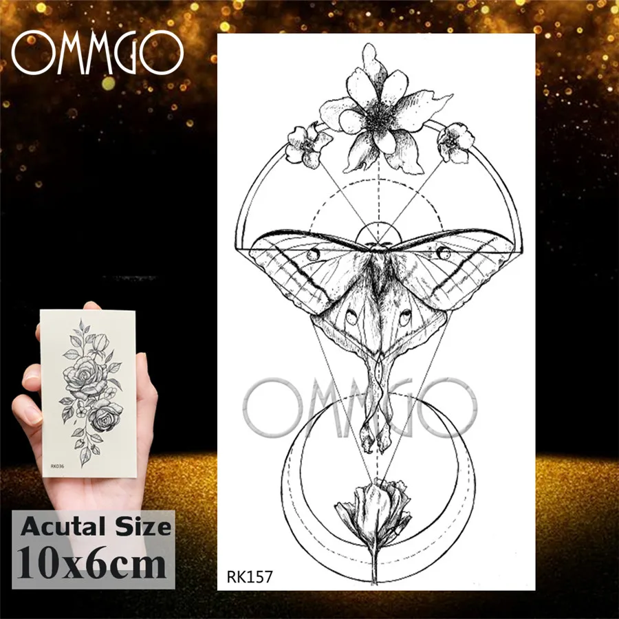 OMMGO Geometric Butterfly Moth Pendant Temporary Tattoos Sticker Anchor Diamond Circle Rhombus Tatoos Body Art Black Fake Tattoo