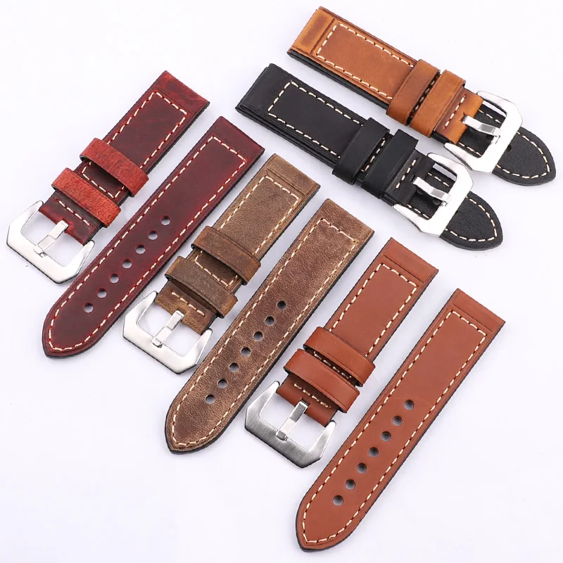 Handmade Retro Cowhide Leather Watch Band Strap 5 Colors Men Women Stainless Steel Buckle 22mm 24mm Watchbands