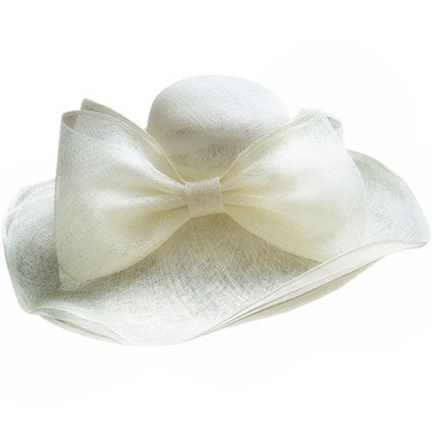 Elegant Black Beige White Linen Wedding Hats Ladies Bowknot Large Wide Brim Chapeau Fedora Sinamay Womens Kentucky Derby Hat