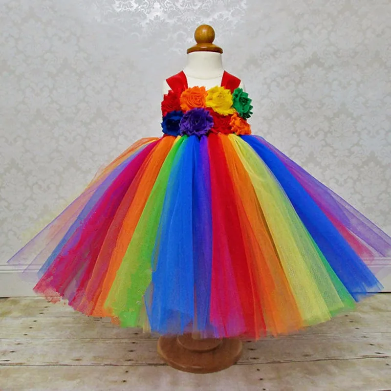 Rainbow Tutu Long Dress Baby Girls Crochet Tulle Strap Dress Ball Gown with Shabby Flowers Children Wedding Party Costumes Dress