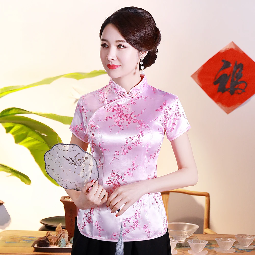 Oriental Style Ladies Traditional Shirt Summer New Flower Rayon Chinese Blouse BIG SIZE 3XL 4XL Pink Elegant Tops Tang Clothes