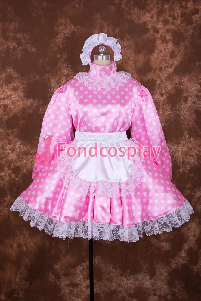 fondcosplay adult sexy cross dressing sissy maid short Lockable baby Pink Circle Satin Lace Dots Dress white apron Uniform[S001]