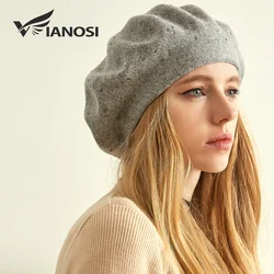 VIANOSI Winter Beret Hat Women wool knitted berets Rhinestone Caps Female Fashion Solid Color Thick Warm Gorros