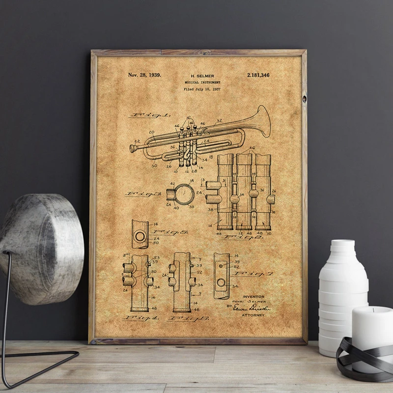 البوق براءة اختراع المشارك غرفة الموسيقى الرسم على لوحات القماش الجدارية خمر مخطط الملصقات والمطبوعات هدية فكرة صورة ديكور جدران المنزل #4