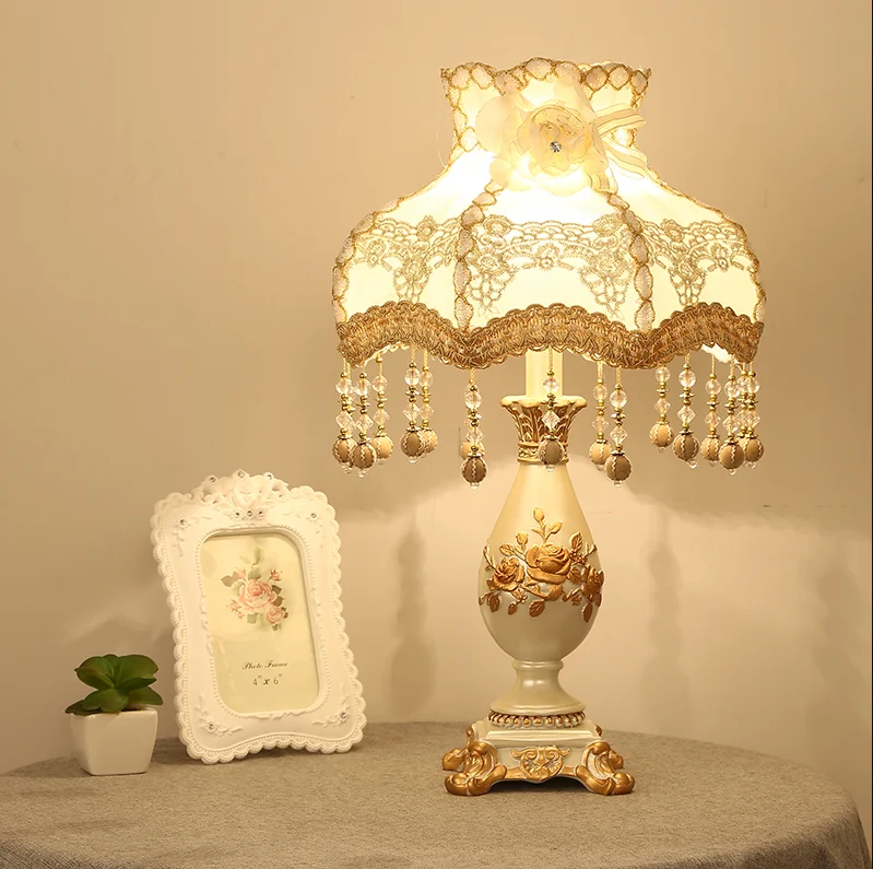 European palace tassel embroidery fabric art Table Lamps luxurious resin engraved E27 LED dimming lamp for bedside&foyer ZLTD022