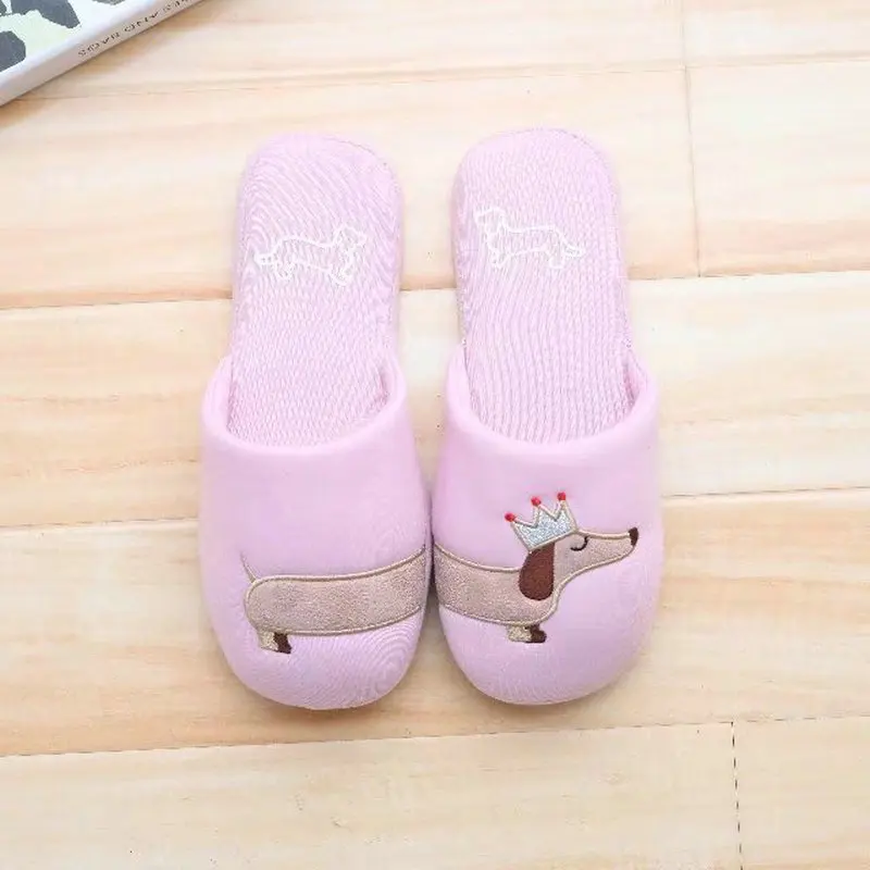 Drop Shipping Women\'s Fuzzy Pink And Light Blue Dog Plush Cotton Slippers Slip On Dachshund Female Slippers