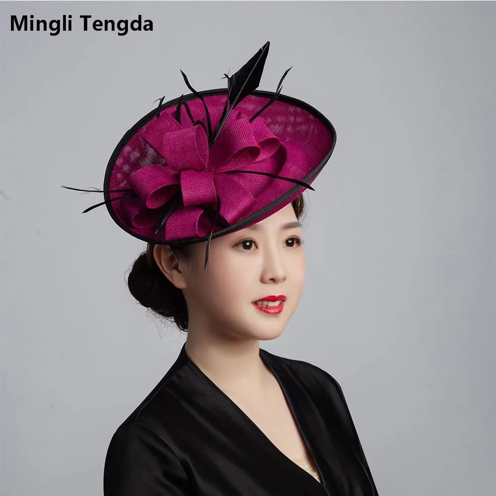 

Mingli Tengda Wedding Photography Prop Portrait Party Banquet Hat Elegant Lady Headwear Bridal Accessories Linen Plume Mixcolor