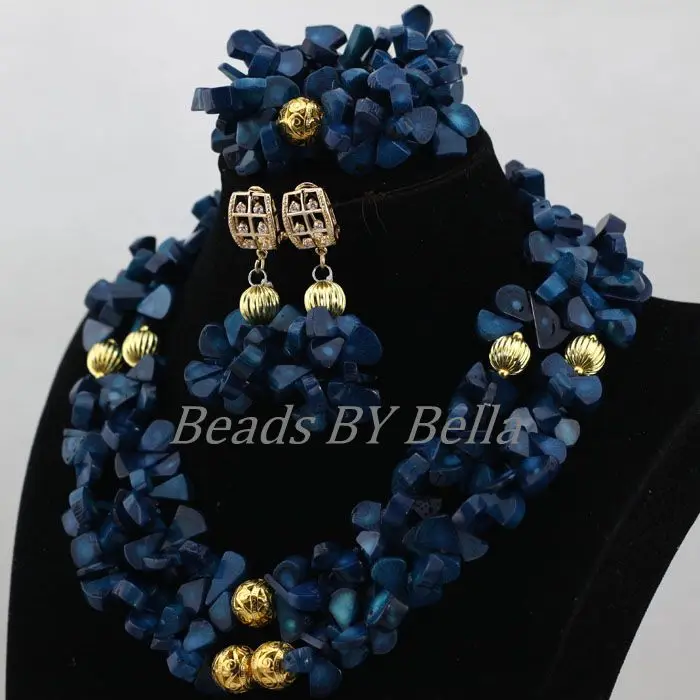 New Design Navy Blue Coral Beaded Necklace Set Fashion Costume Nigerian Wedding Bridal Jewelry Sets Free Shipping ABK670