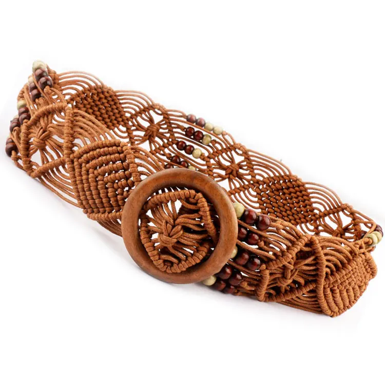 1pcs Bohemian Style Handwork Woven Waist Sealing Wax Rope And Wooden Bead Decorative High Quality Belts For Women