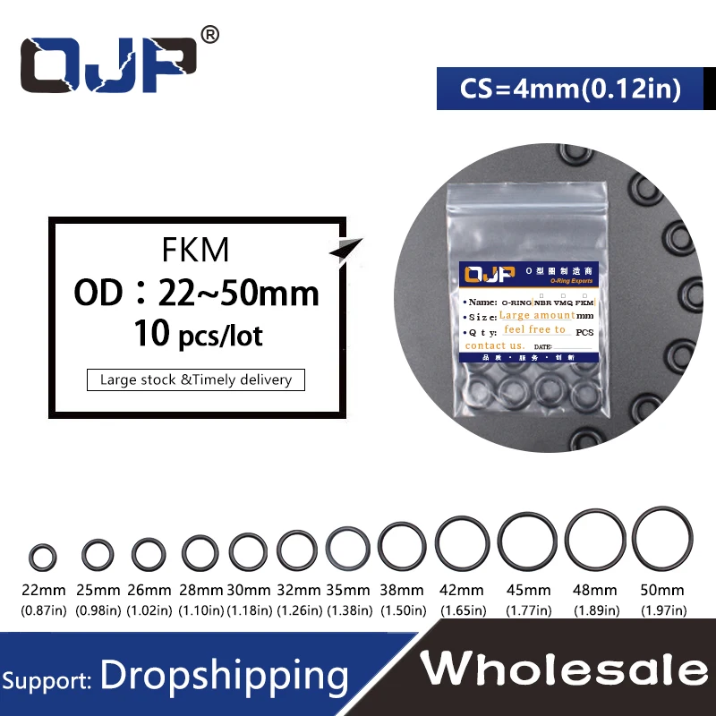 5PC Fluorine rubber Ring Black FKM O-ring Seal CS 4mm OD22/25/26/28/30/32/35/38/40/42/45/48/50mm O Ring Gasket Oil Ring Washer