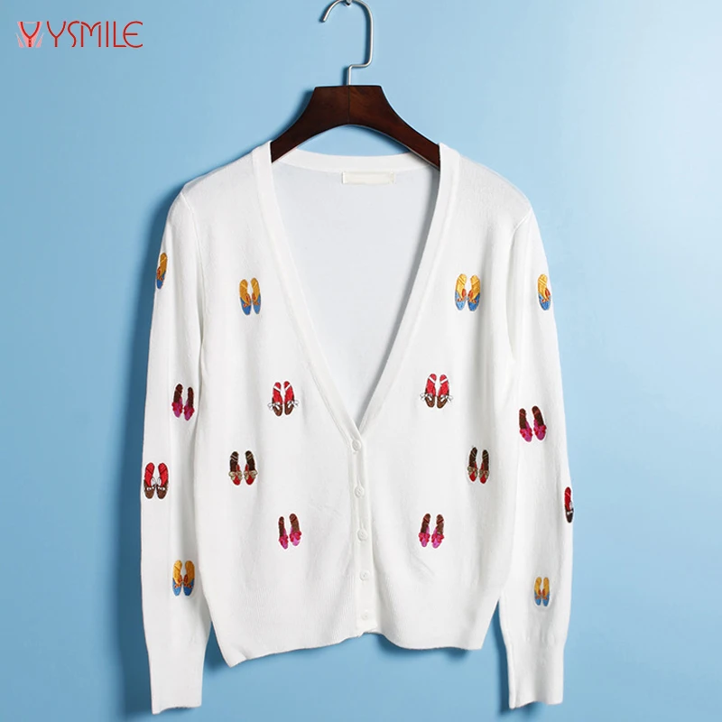 YSMILE Y Women Spring Autumn Sweater Tops V Neck Regular Sleeve Shoes Embroidery Fashion Short Knitting Cardigan For Lady