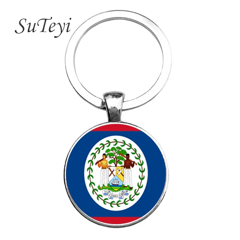 Silver Plated Belize Flag Key Ring Jewelry Round Glass Pendant Key Chain Christmas Gift Jewelry