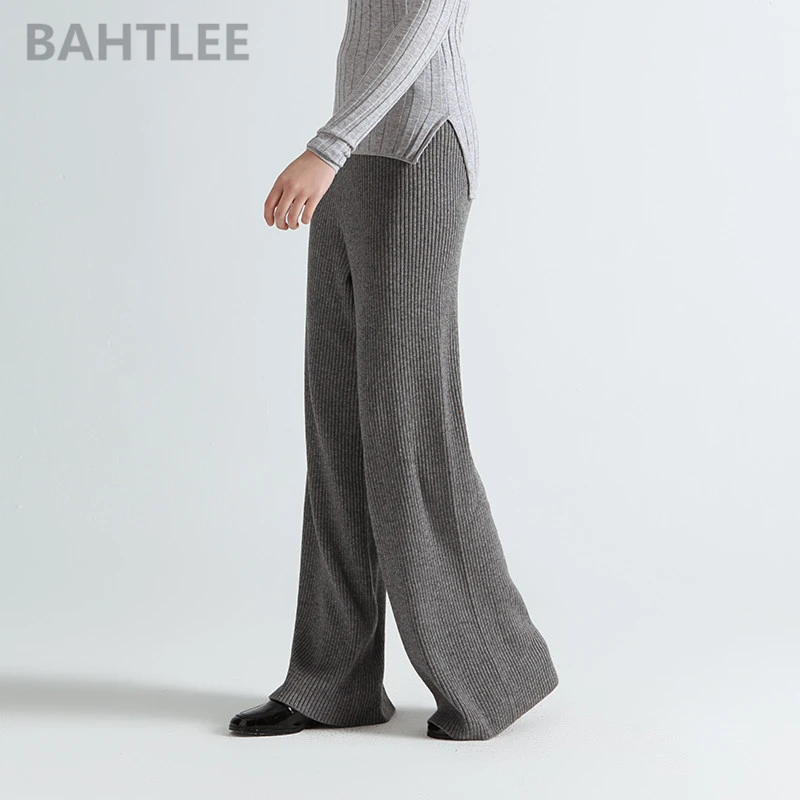 BAHTLEE-Women's Knitted Pants, Casual Loose Style, High Elastic Waist Sashes, Wool Anti-Pilling, Acrylic Gray and Black, Fashion