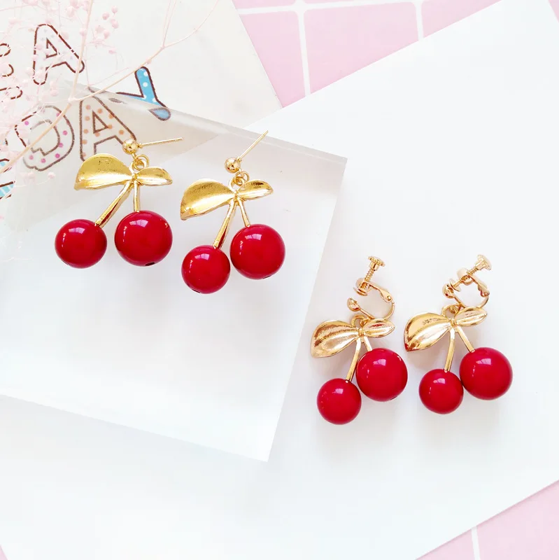 Gold Color Leaf Small Big Red Round Cherry Earrings Brincos Glass Cherries Fruit Pendant Clip Earrings For Women Lady Femme