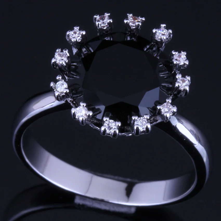 Superb Crown Black Cubic Zirconia White CZ Silver Plated Ring V0113