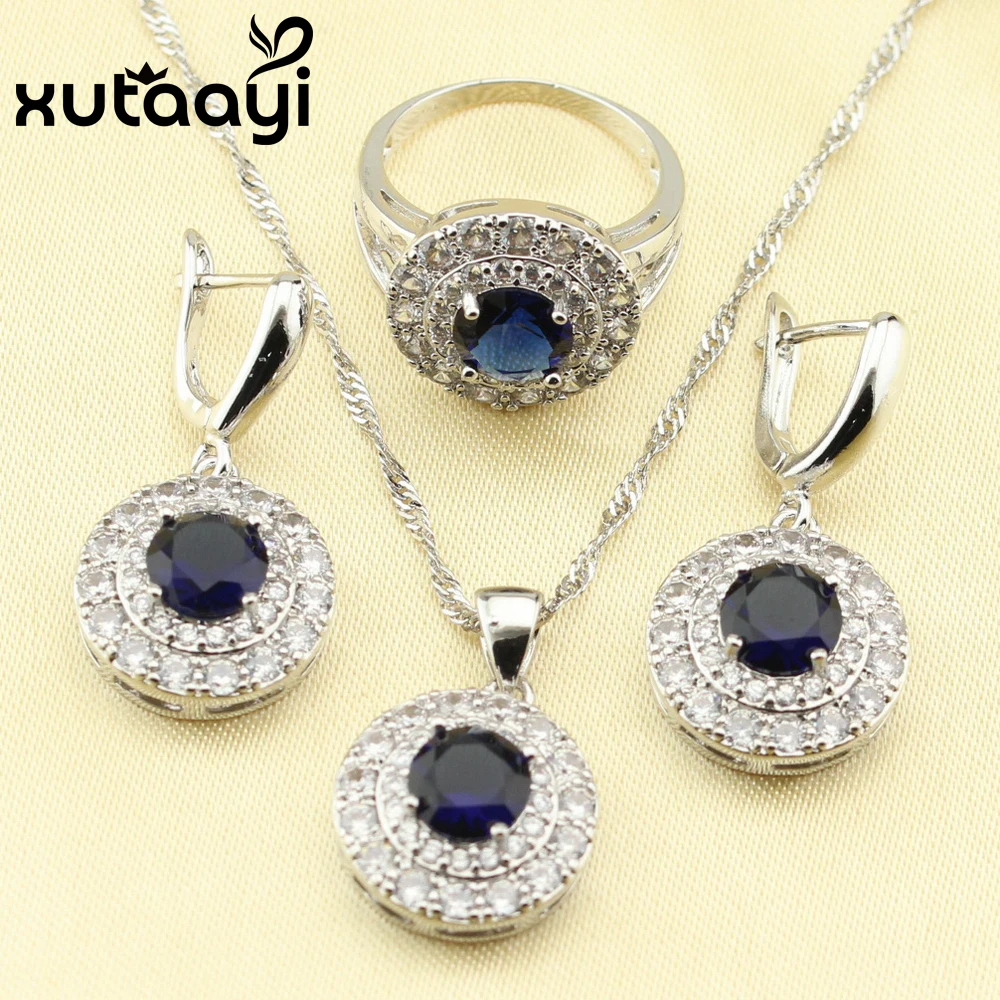 XUTAAYI Captivating Alluring  Blue Cubic Zirconia  4PCS Jewelry Set  Sterling Silver Earrings Ring Necklace Pendant Bracelet