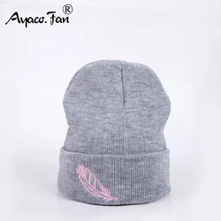 Soft Knitted Cap Female Women's Cotton Beanies for Girl Winter 2019 New Embroidery Leaf Warm Hats Solid Bonnet Autumn Skullies