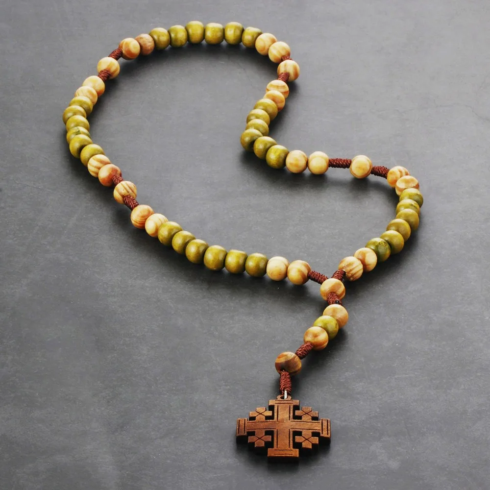 Religious Medieval Jewelry Retro Wooden Rosary Beaded Jerusalem Cross Pendants Necklace for Women Mother Gifts colar MN233