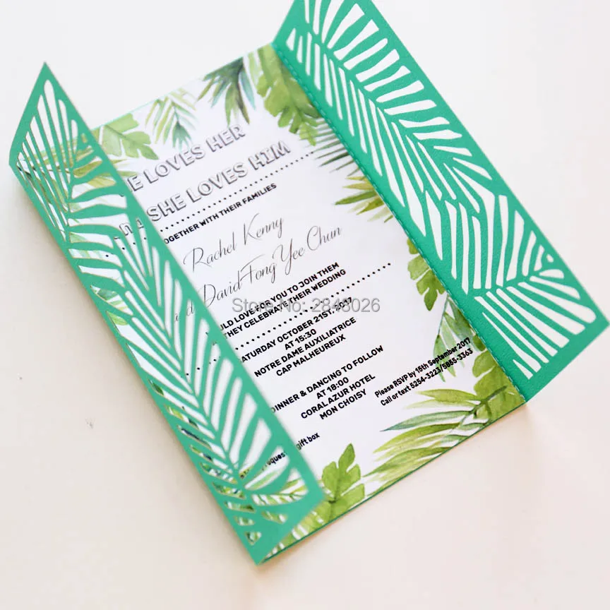 Customized tropical  Laser Cut Wedding Invitation,palm tree style invitations, personalized printed folded cards