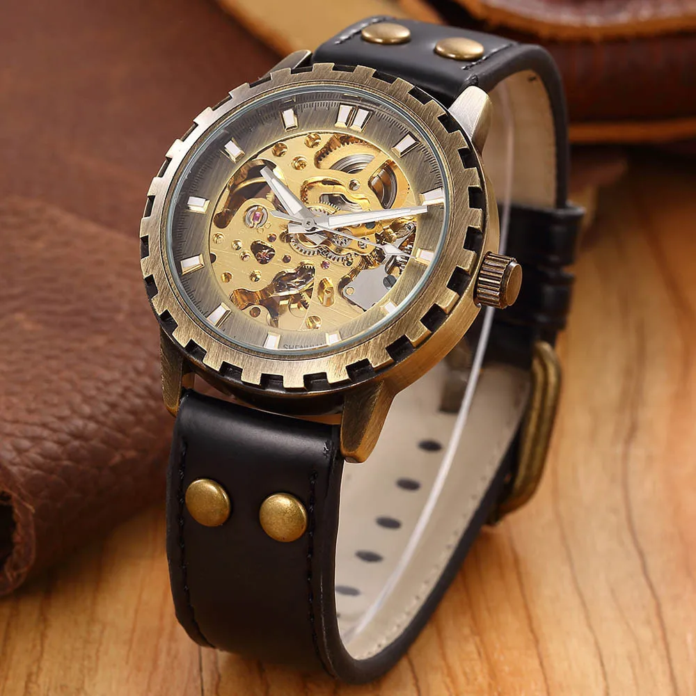 Brand Leather Band Men Male Military Clock Automatic Skeleton Mechanical Watch self wind Vintage luxury Steampunk Style Watch