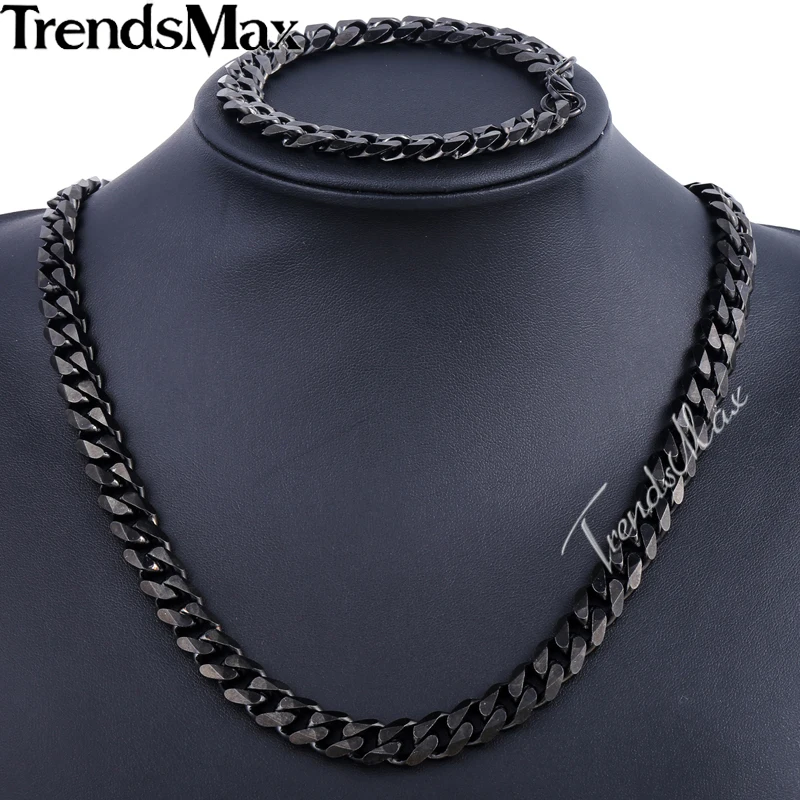 Jewelry Set 11mm Gold Color Black Color Men Chain Stainless Steel Necklace Bracelet Curb Link Fashion Jewelry