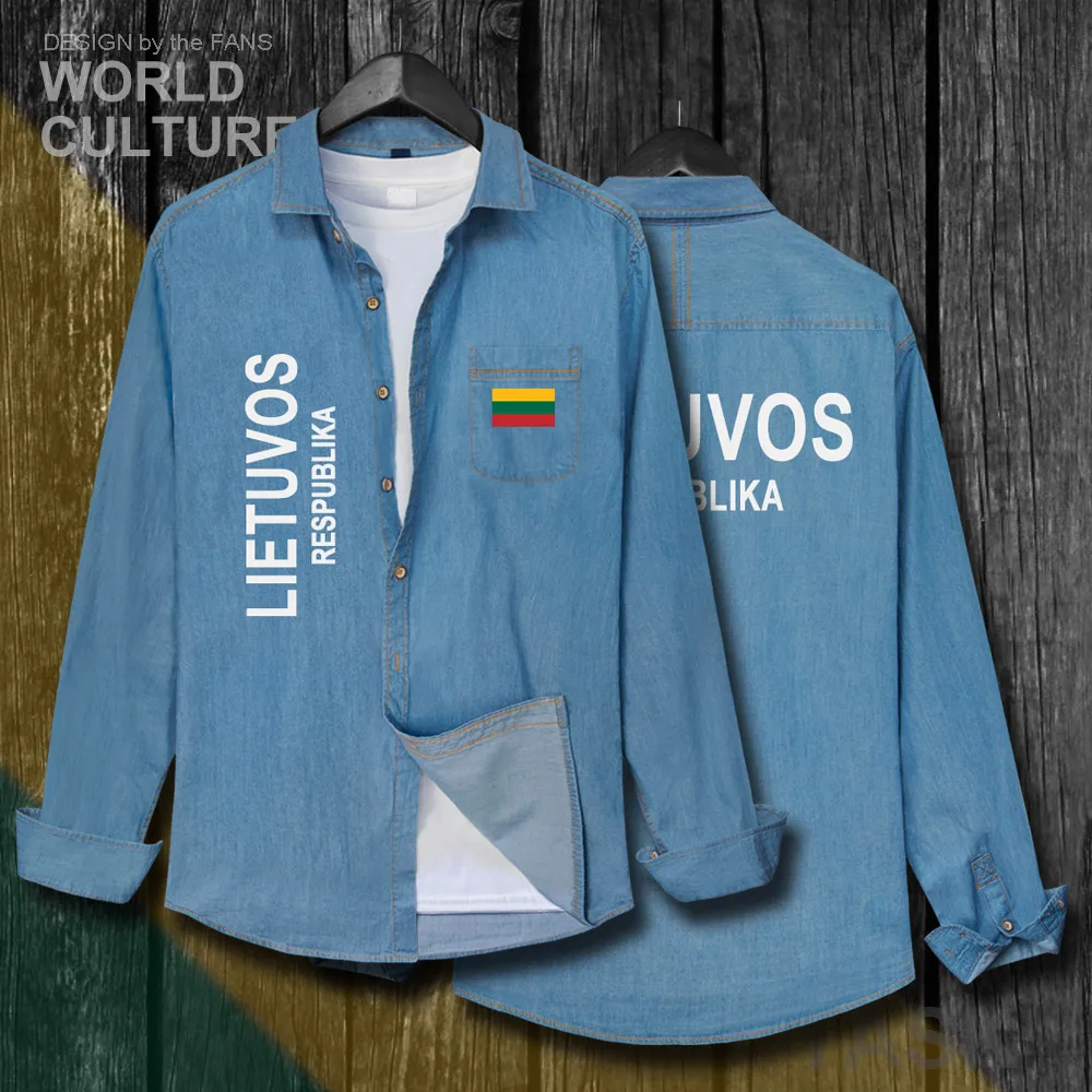 

Lithuania Lithuanian LTU Lietuva Lietuvos Men clothes Autumn Cotton Flags Turn-down Collar Jeans Shirt Long Sleeve Cowboy Coat