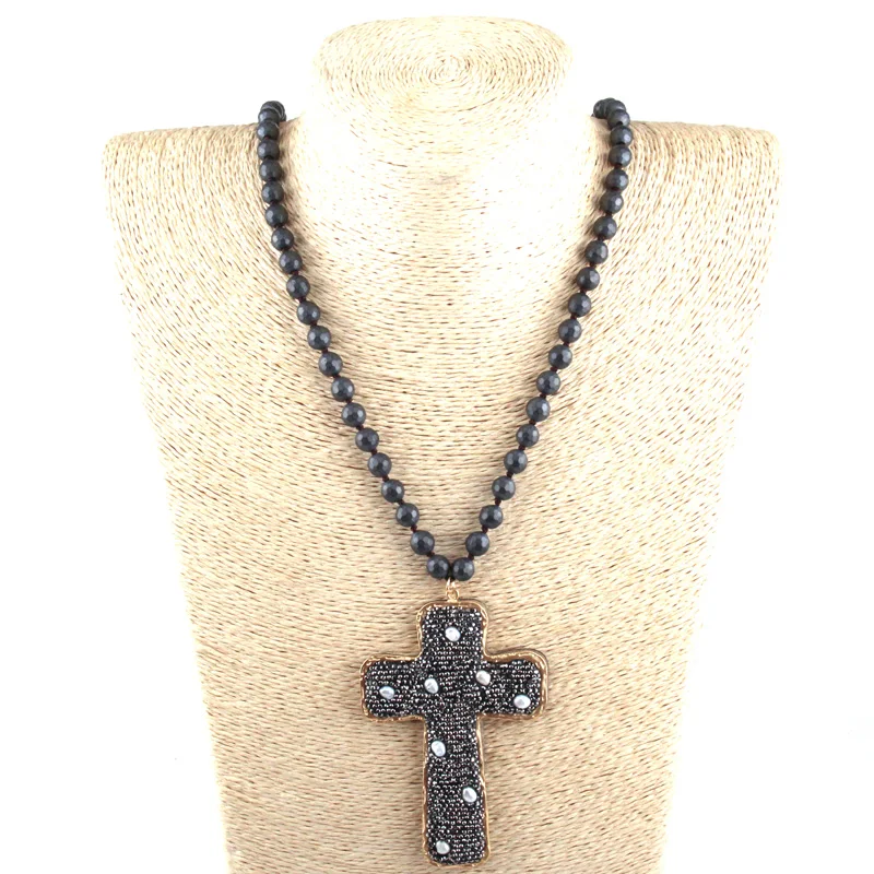 Fashion Bohemian Jewelry Faceted Hematite Stone Knotted Crystal Paved Pearl decoration Cross Pendant Necklaces