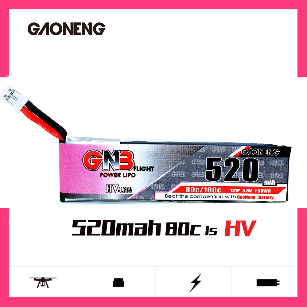 5PCS Gaoneng GNB 520mAh 3.8V 80C/160C 1S HV 4.35V Lipo Battery With PH2.0 Plug For Emax Tinyhawk Mobula7 LDARC TINY7 RC Parts