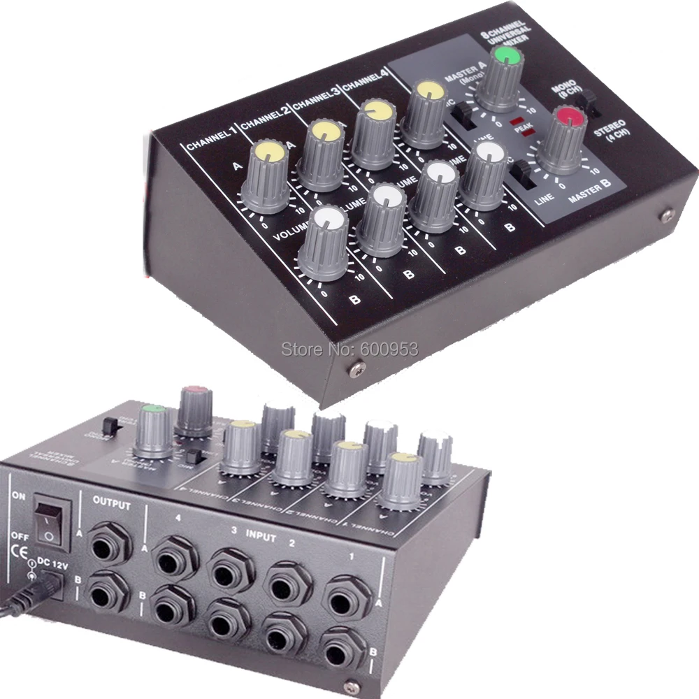 Pro 4 Stereo / 8 Mono Audio Mini Mixer effect reverberator 1/4 Inputs and outputs - battery powered, or use optional AC adapter