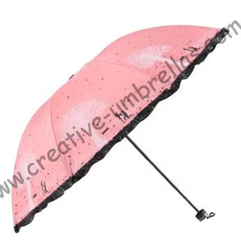 Imitation paradise ,three fold, lacing fringe,hand open,windproof,bag parasol,UV protecting,black coating,any pantone colour