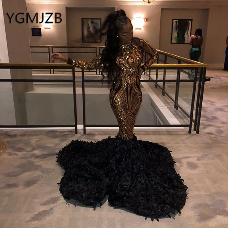 Gold Sequin Mermaid Prom Dresses 2022 Evening for Black Girl High Collar Long Sleeve Flowers African Formal Party Gown