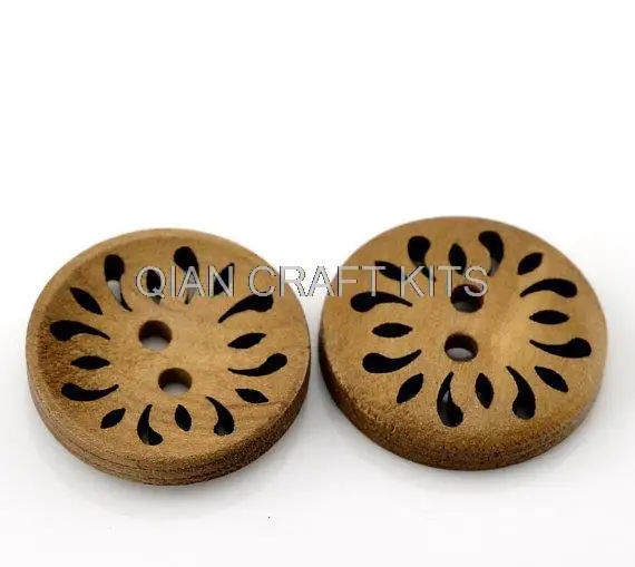 200pcs Round Laser Cut Flower Wood Button Two Hole Light Coffee Colour 23mm (7/8